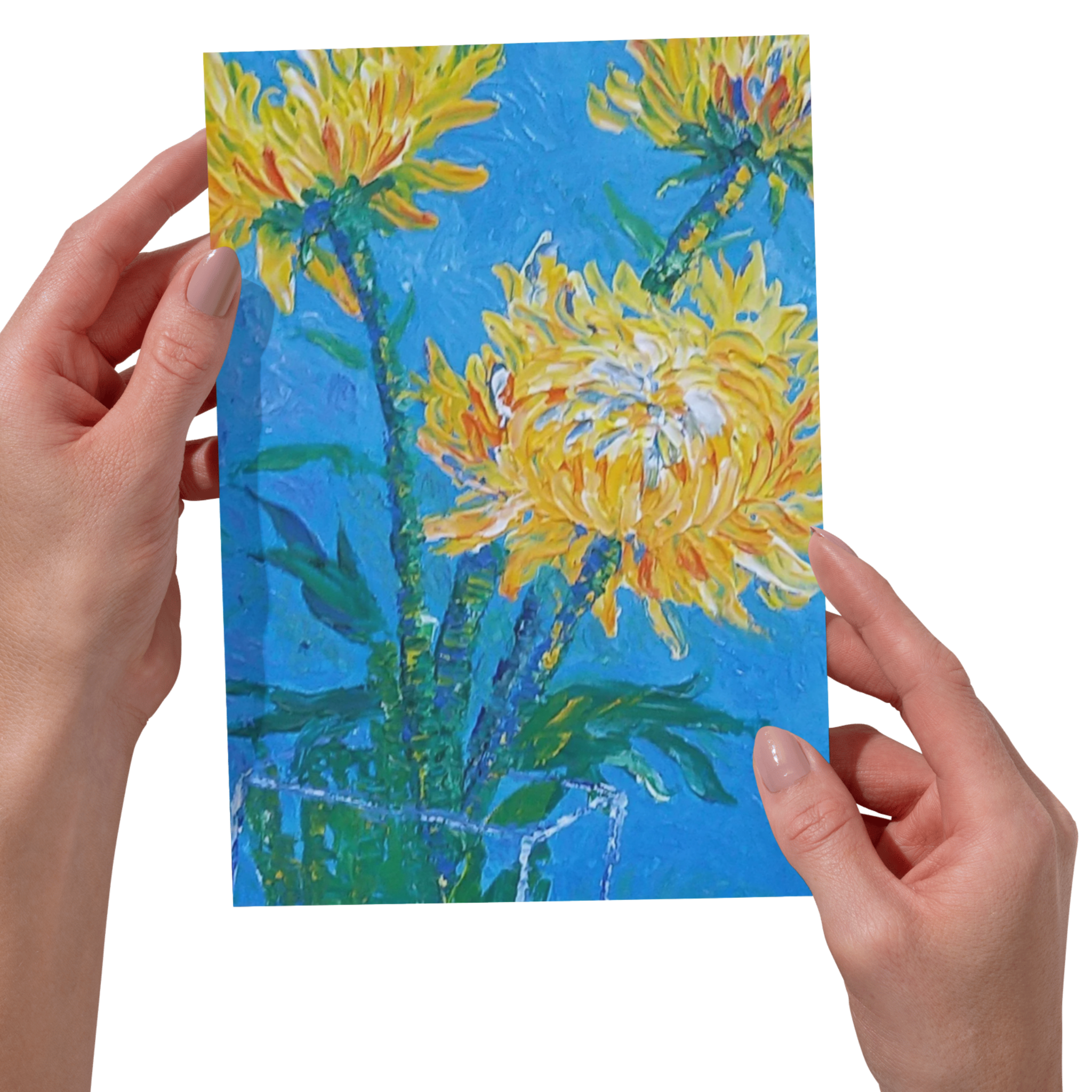 Golden Chrysanthemums in Bloom — Original Acrylic Painting Card | Floral Art Gift