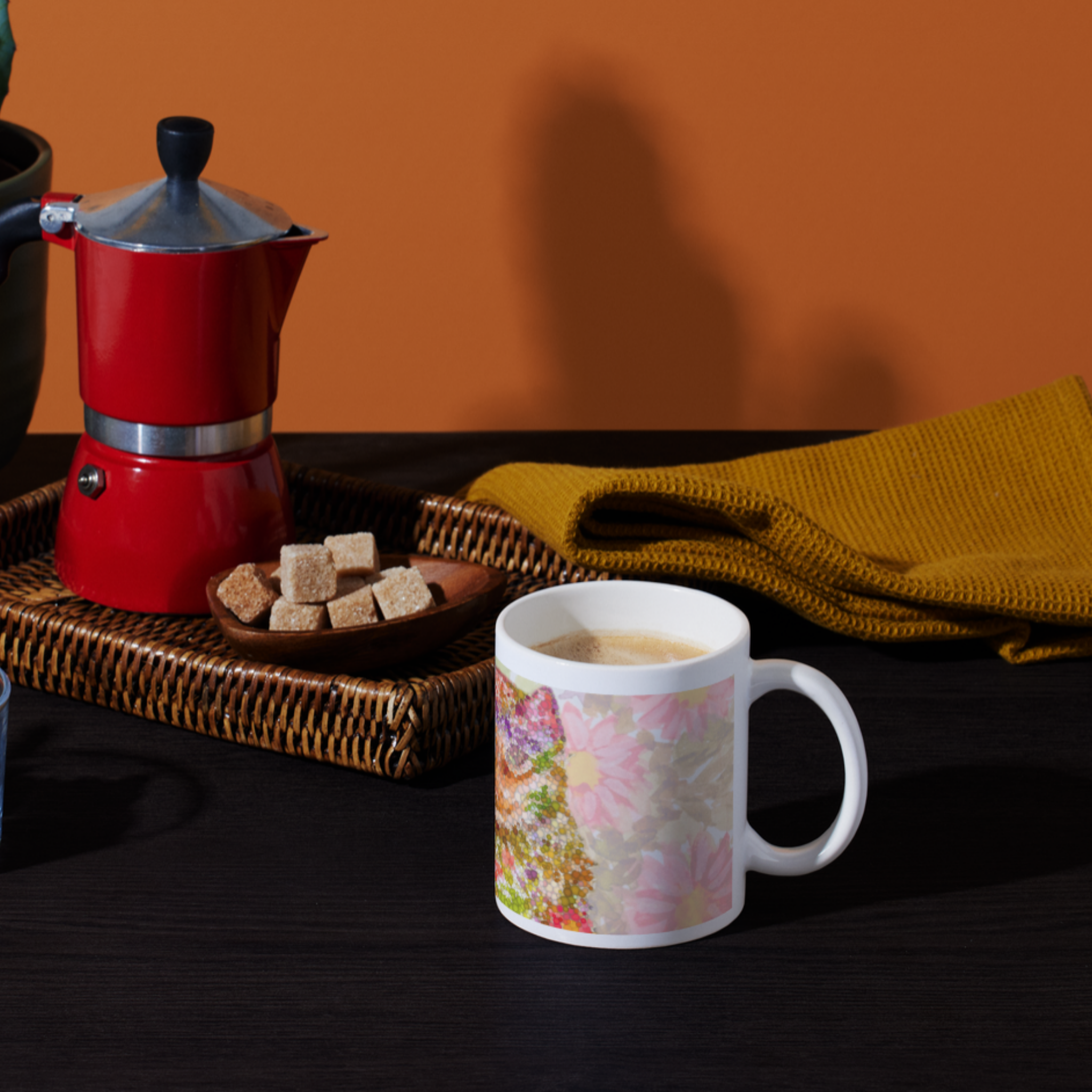Floral Pointillism Cat Mug – Vibrant Colorful Cat Ceramic Coffee Mug