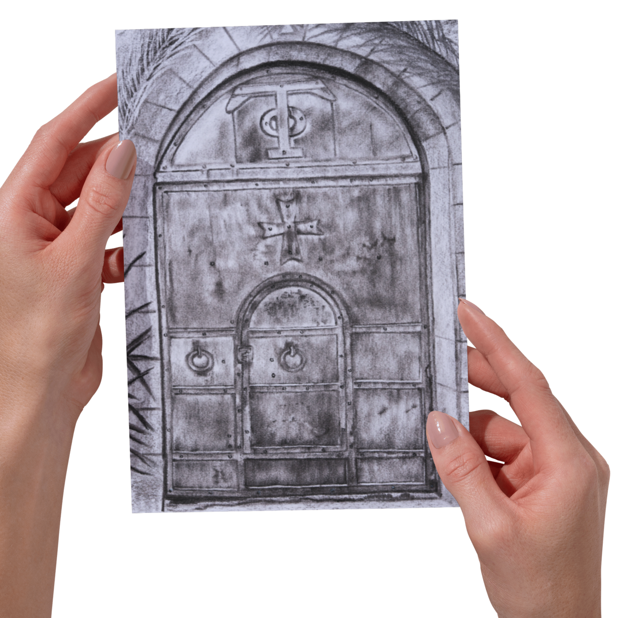 Vintage Arched Doorway – Charcoal Architectural Art Greeting Card (Original Drawing)