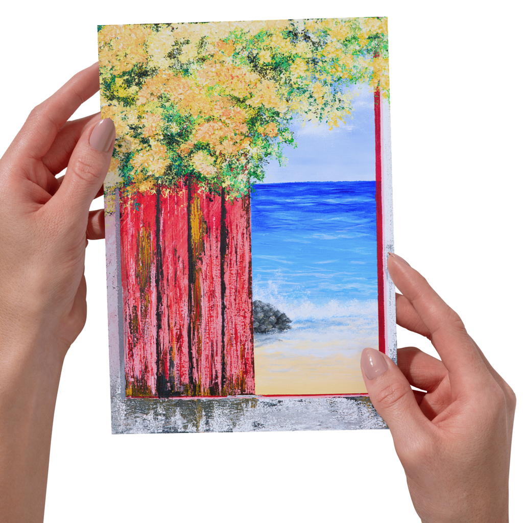 Ocean View with Blossoms Landscape Card – Acrylic Painting Design