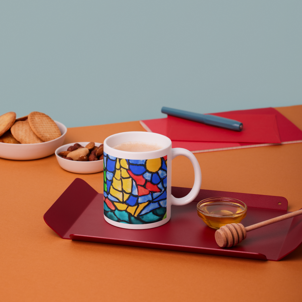 Stained Glass Sailboat at Sea Mug – Nautical Mosaic Ceramic Coffee Mug
