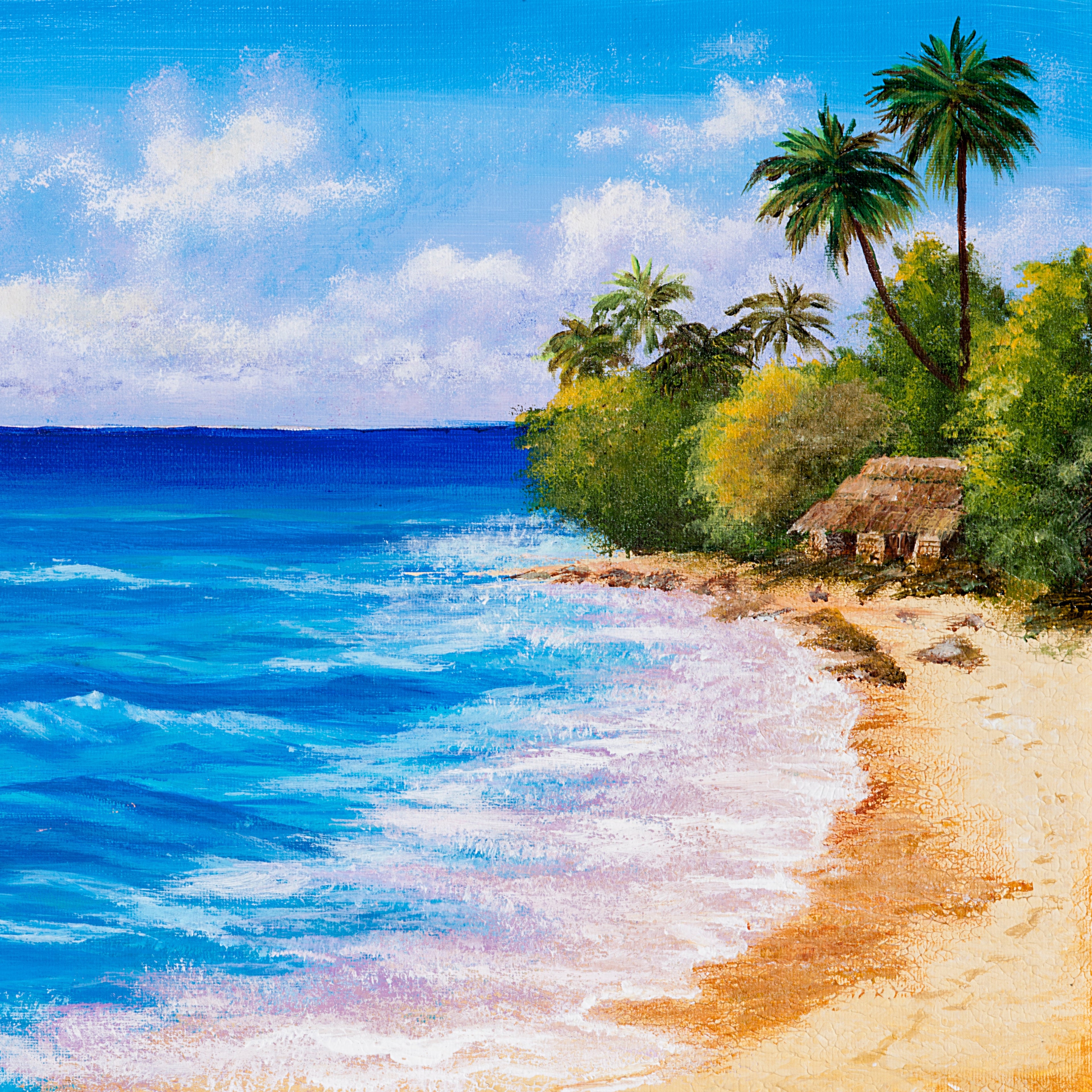 Tropical Seaside Wall Art – Coastal Ocean Painting with Palm Trees