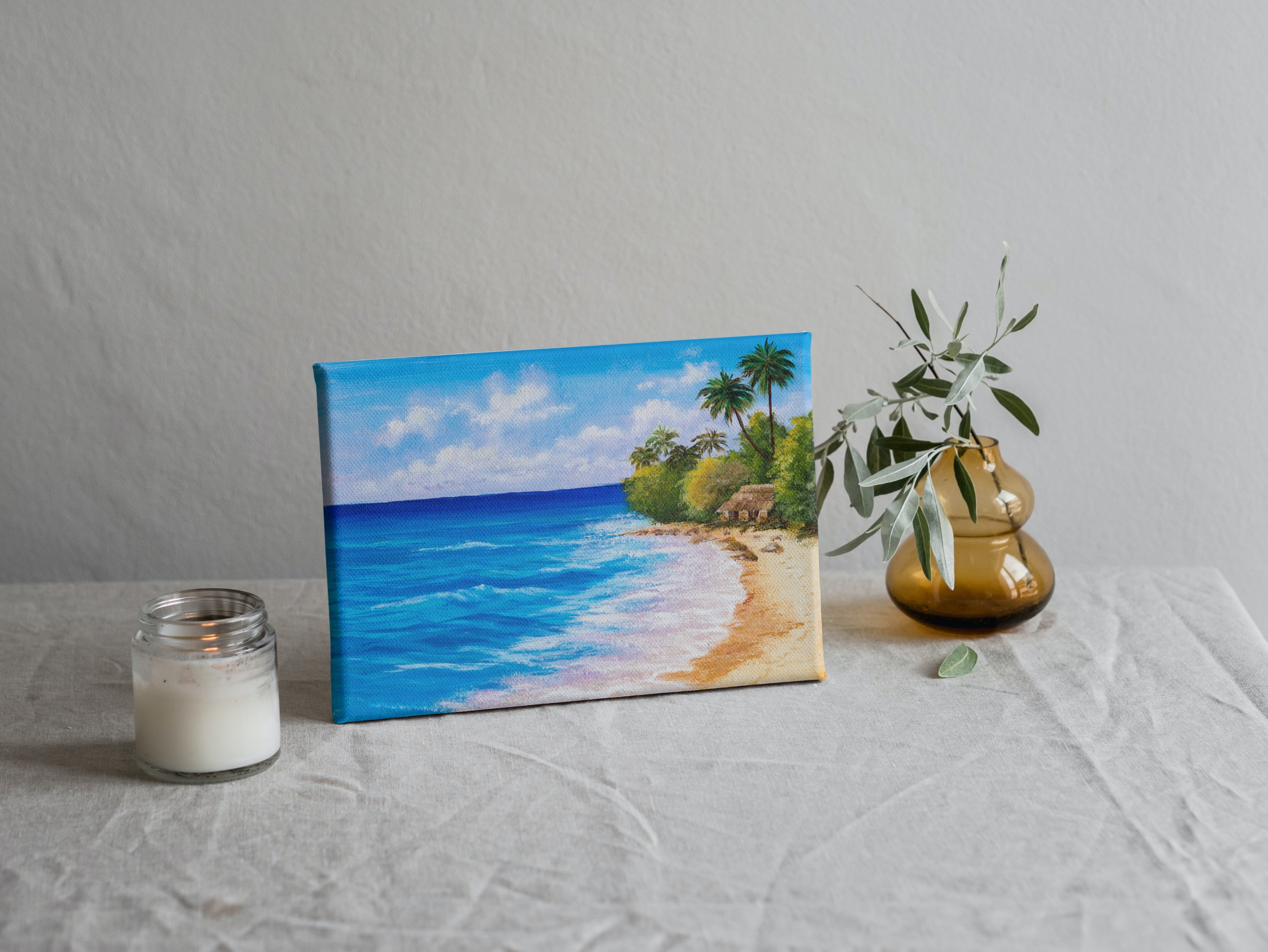 Tropical Seaside Wall Art – Coastal Ocean Painting with Palm Trees