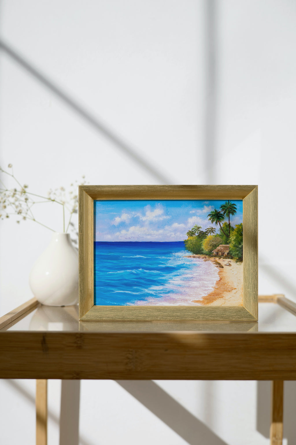 Tropical Seaside Wall Art – Coastal Ocean Painting with Palm Trees
