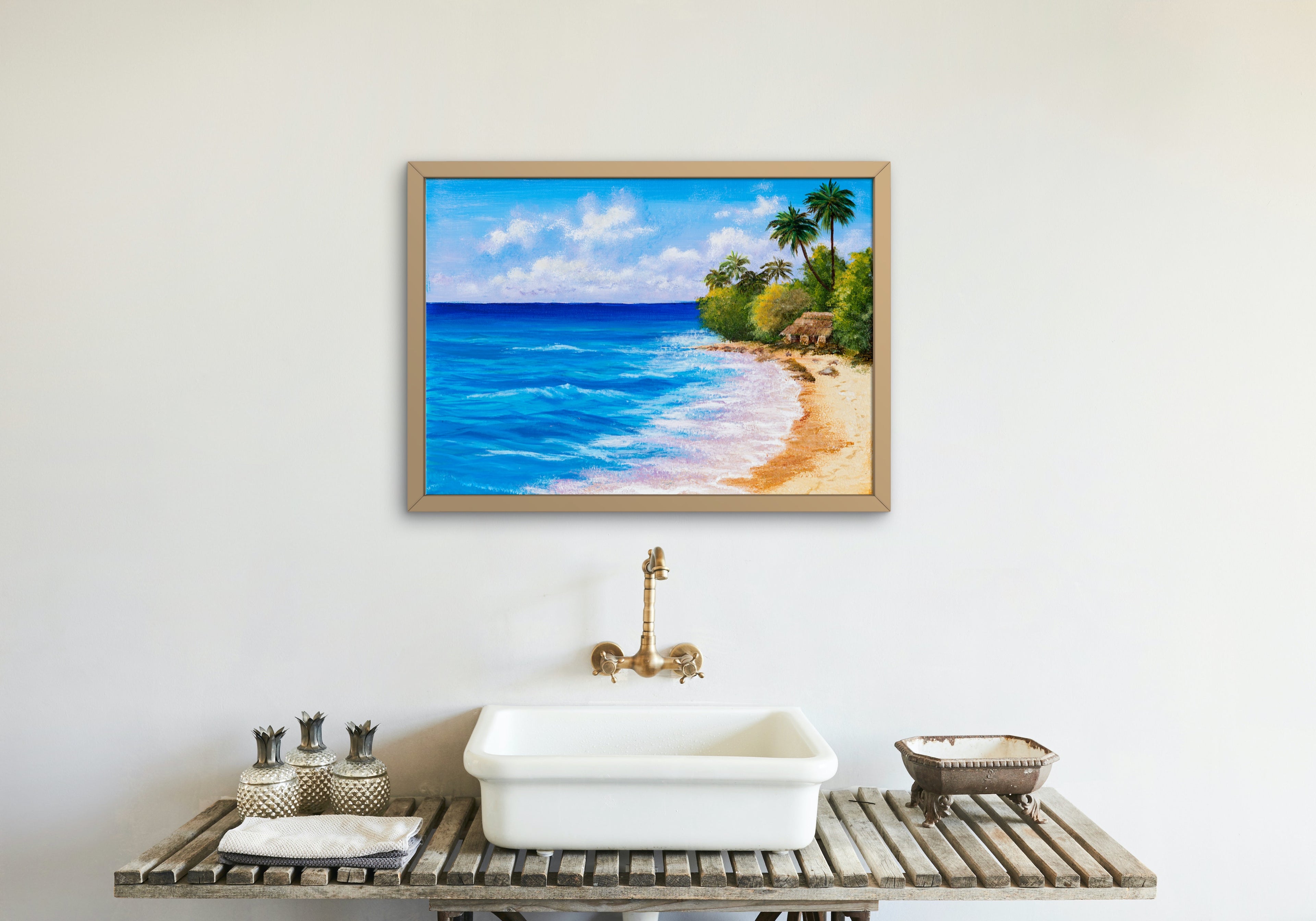Tropical Seaside Wall Art – Coastal Ocean Painting with Palm Trees