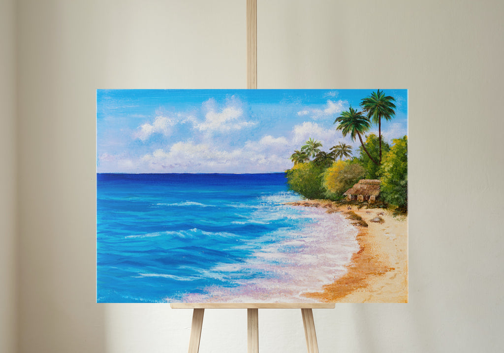 Tropical Seaside Wall Art – Coastal Ocean Painting with Palm Trees