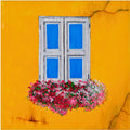Whimsical Window Shutters Canvas Print – Vintage Blue Shutters on Yellow Wall | Original Acrylic Art