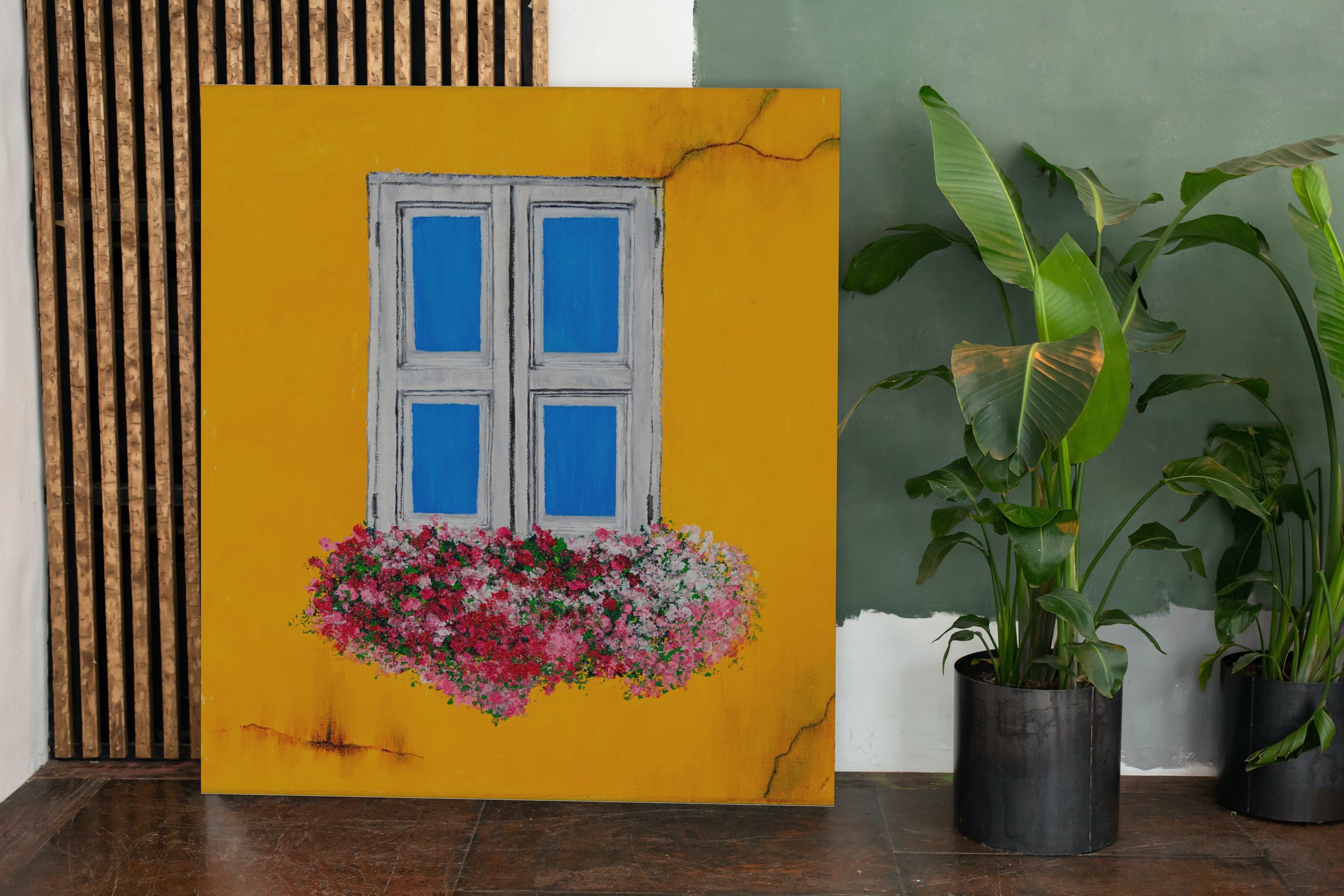 Whimsical Window Shutters Canvas Print – Vintage Blue Shutters on Yellow Wall | Original Acrylic Art