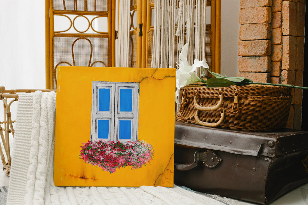 Whimsical Window Shutters Canvas Print – Vintage Blue Shutters on Yellow Wall | Original Acrylic Art