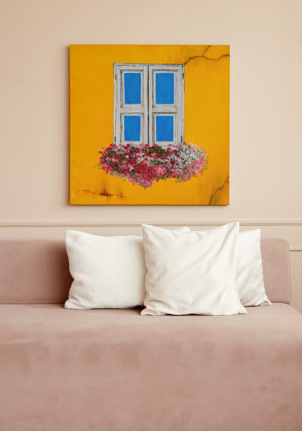 Whimsical Window Shutters Canvas Print – Vintage Blue Shutters on Yellow Wall | Original Acrylic Art