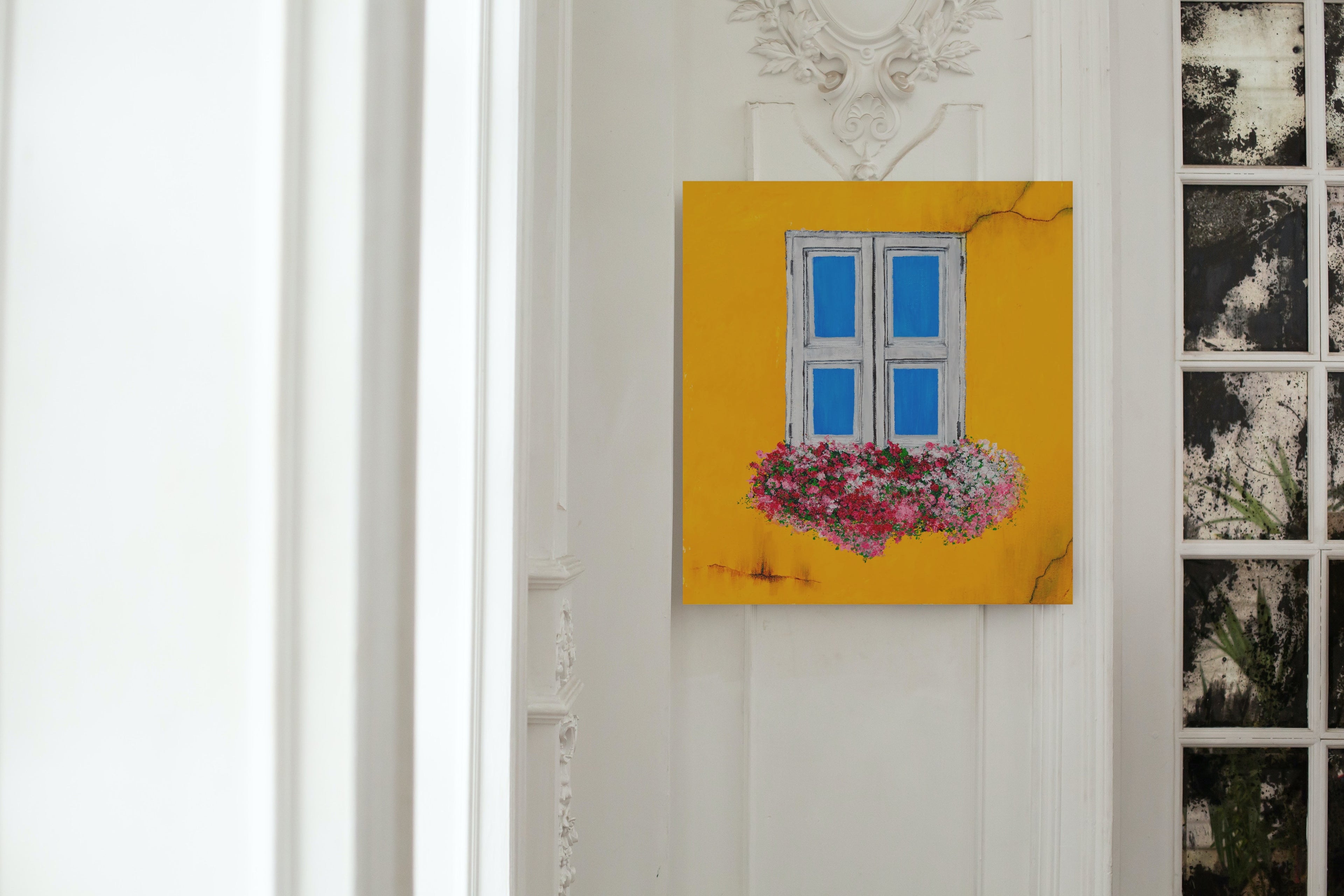 Whimsical Window Shutters Canvas Print – Vintage Blue Shutters on Yellow Wall | Original Acrylic Art