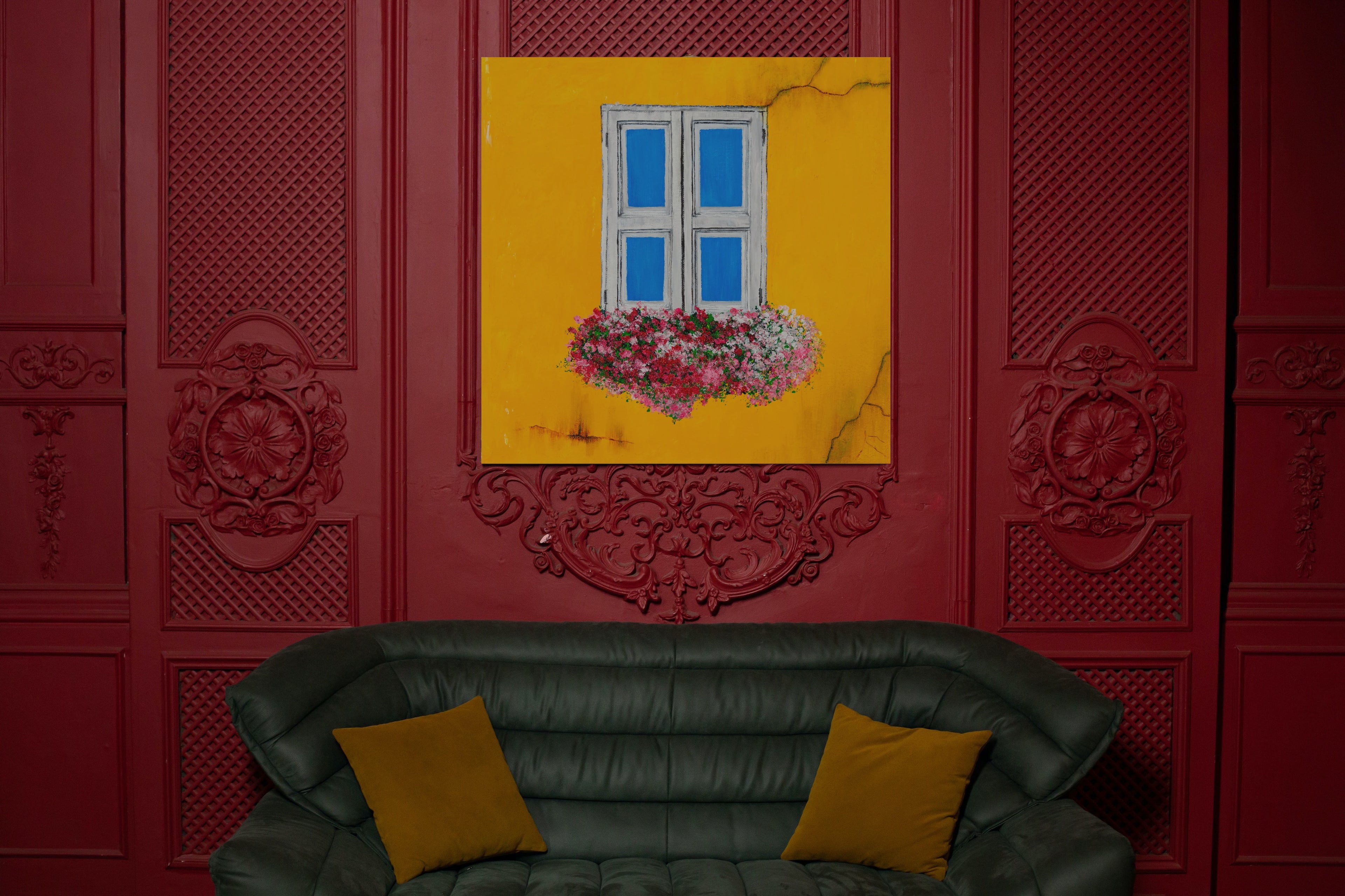 Whimsical Window Shutters Canvas Print – Vintage Blue Shutters on Yellow Wall | Original Acrylic Art