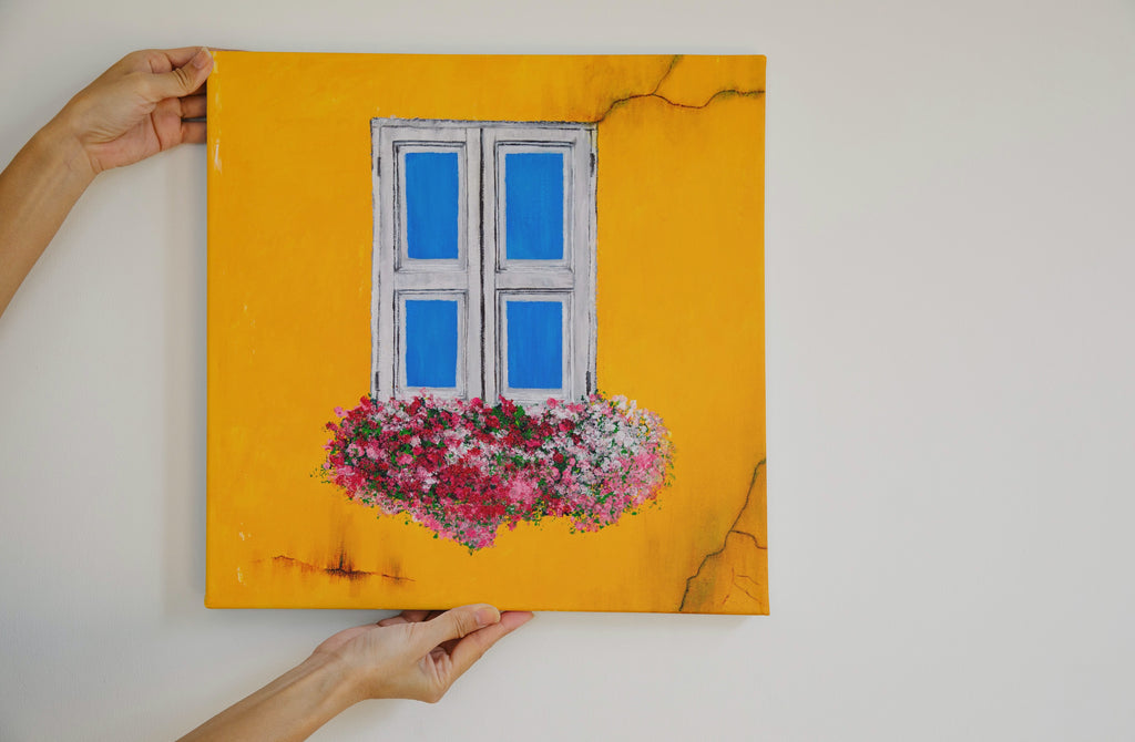 Whimsical Window Shutters Canvas Print – Vintage Blue Shutters on Yellow Wall | Original Acrylic Art