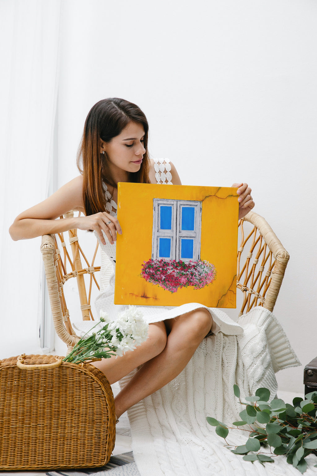 Whimsical Window Shutters Canvas Print – Vintage Blue Shutters on Yellow Wall | Original Acrylic Art